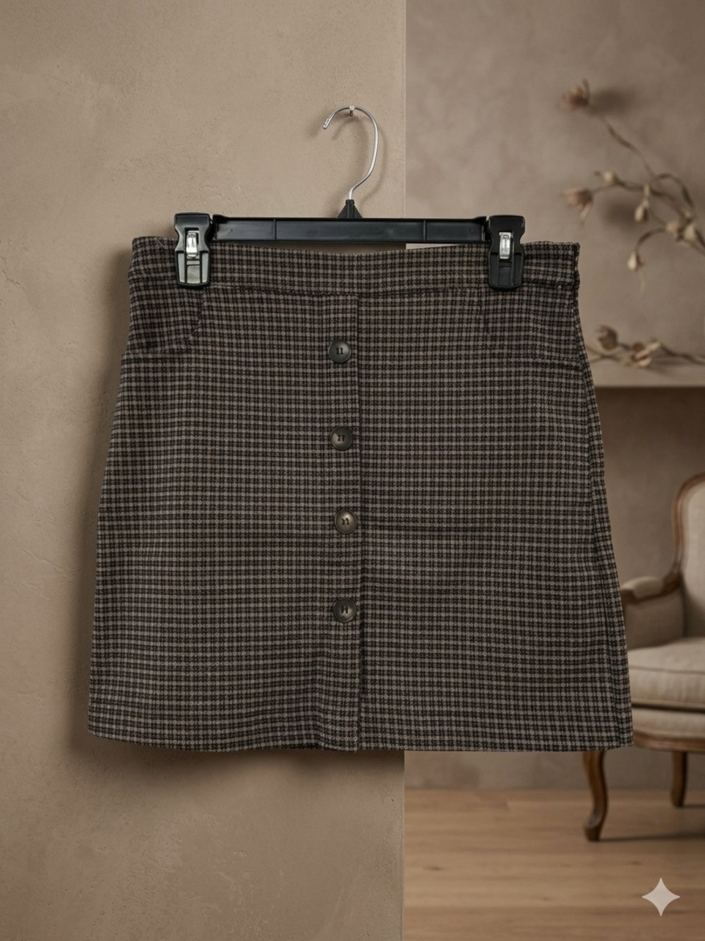 Altar'd State Brown Houndstooth Button-Front Mini Skirt